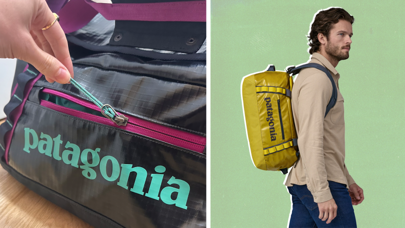 Close-up of the author opening one of the exterior pockets of the Patagonia Black Hole Bag, and also an image of a model wearing the bag in yellow as a backpack.