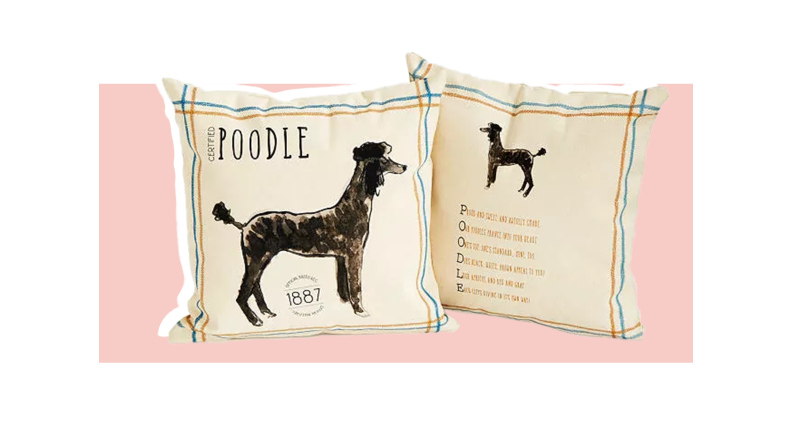 A pillow with a sillhouette of a poodle and the text "Poodle" on the front, next to a pillow featuring a poem using those letters, against a pink background.