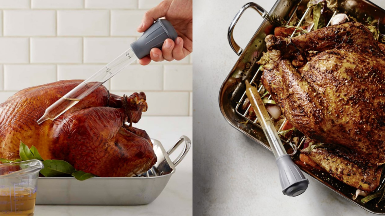 Left: A person bastes a turkey using a turkey baster. Right: A fully cooked turkey sits in its roasting pan on a kitchen counter with a turkey baster next to it.