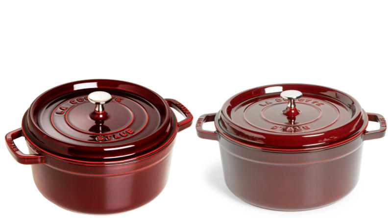 Two side by side product shots of red 5.5-Quart Round Enameled Cast Iron Cocotte from Staub.