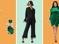 A pair of Kate Spade emerald earrings, a woman in a J.Crew paintsuit, and a woman in an Eloquii cocktail dress.