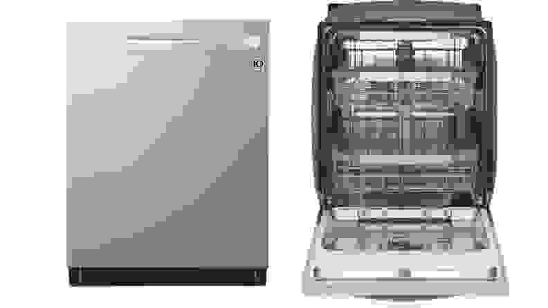 Two instances of the new LG dishwasher are side by side in a white void. On the left its door is closed. On the right its door is open and the unit is tilted forward, giving us a view of its three racks.