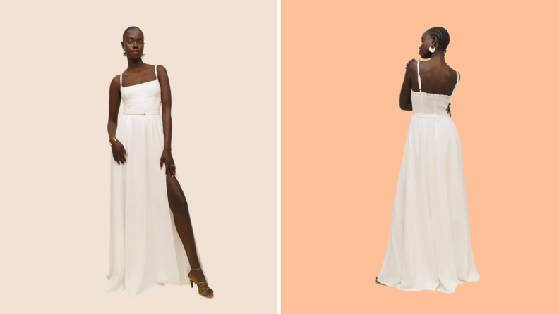 Two images of a model wearing a white wedding gown against a blush background.