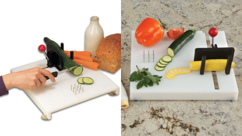 A white cutting board on a white background, designed for folks who only have use of one hand.