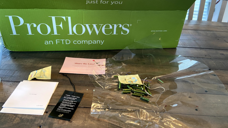 A ProFlowers shipment with all its waste next to it