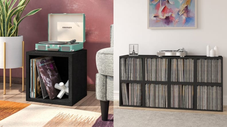 Wooden cube storage option holding records and record player.