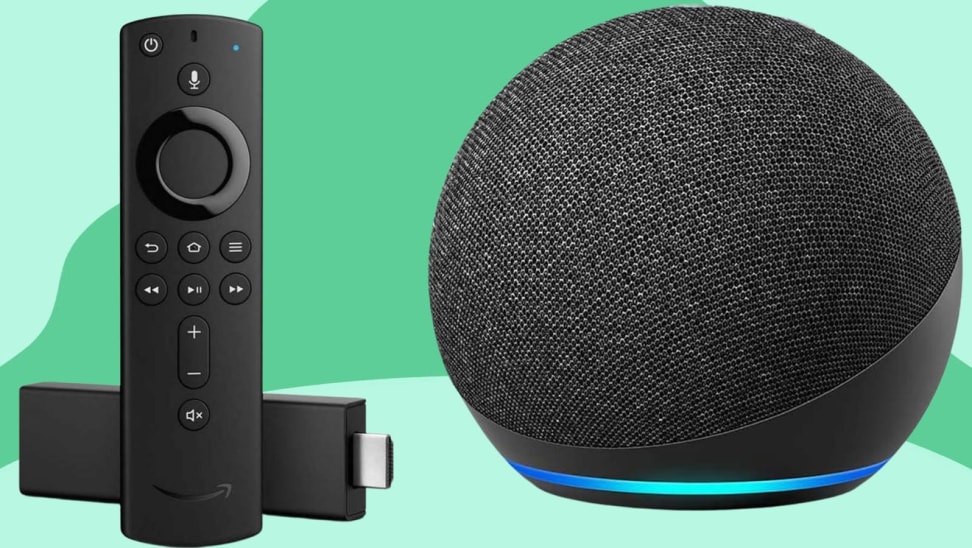 An Amazon Fire Stick and Echo Dot against a green background