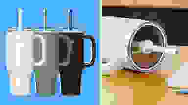 On the left side of the image, there are three white, green, and black, Oxo Strive Tumblers side-by-side on a blue background. On the right, there is a white Oxo Strive Tumbler on its side, showing the top of the tumbler.