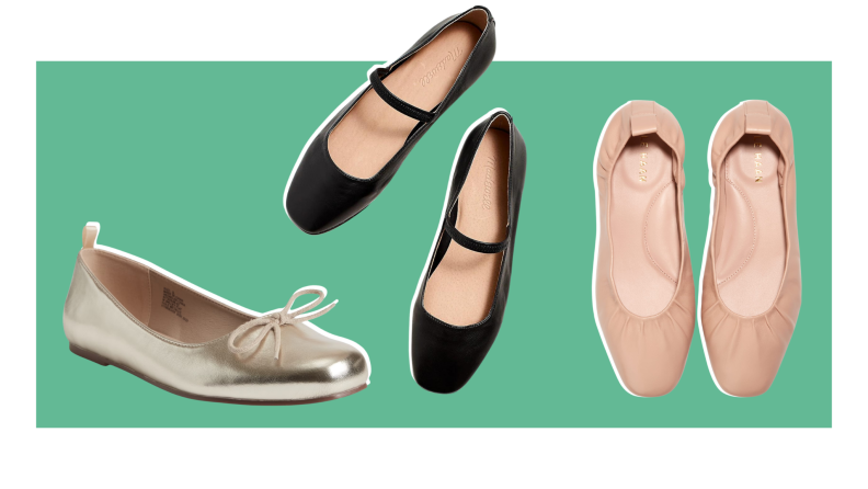 Ballet flats in the color's gold, black, and nude, perfect for fall.