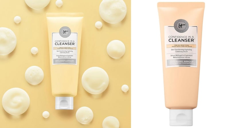 A tube of It Cosmetics Confidence in a Cleanser on a yellow abstract background
