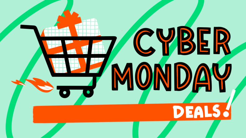 Illustration of a shopping cart and Cyber Monday deals on a green colored background.