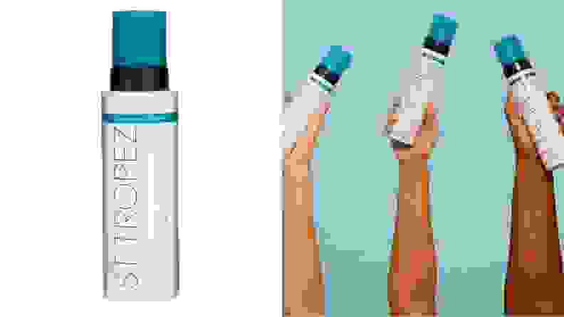 左边是蓝白瓶圣特罗佩古铜色经典摩丝。在右边，三支不同肤色的手臂举着一瓶蓝色和白色的圣特罗佩古铜色经典摩丝。