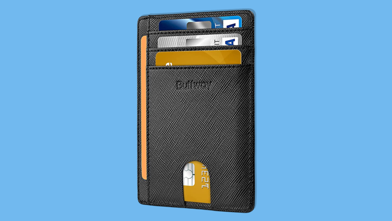 Buffway Slim minimalist leather wallet on a blue background.