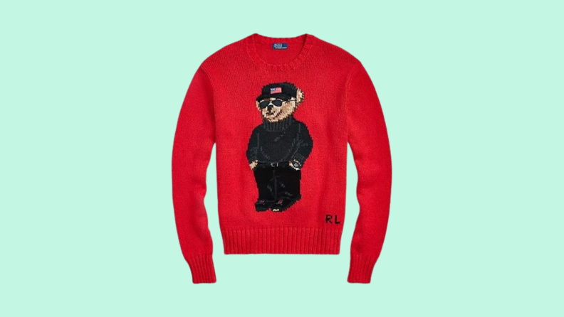 A product shot of a Ralph Lauren Polo Bear sweater.