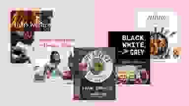 From left: Cookbook covers of In Bibi's Kitchen; Super Soul Food; My America; Black, White, and The Grey; The Jubilee on a pink background.