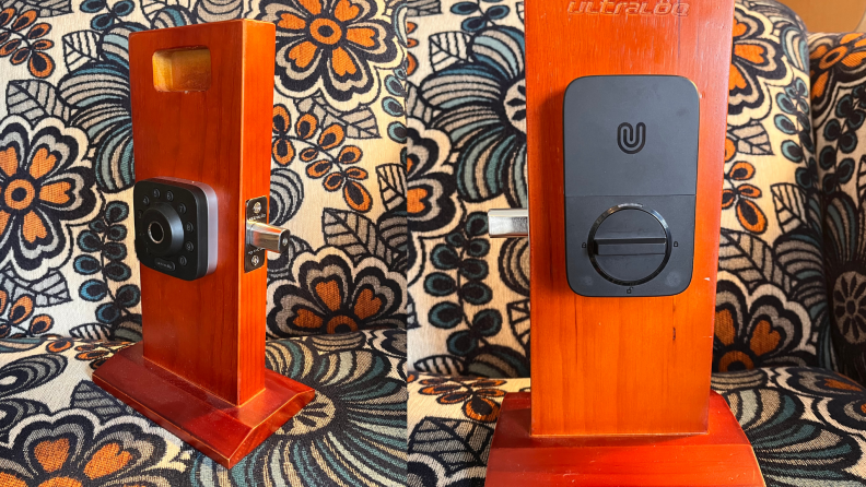 Front and side view of smart lock on wooden door example.