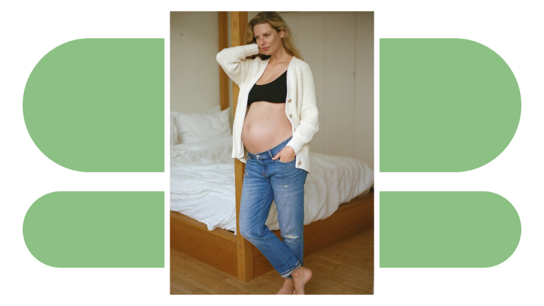 Product shot of pregnant person wearing the Hatch The Boyfriend Maternity Jean.