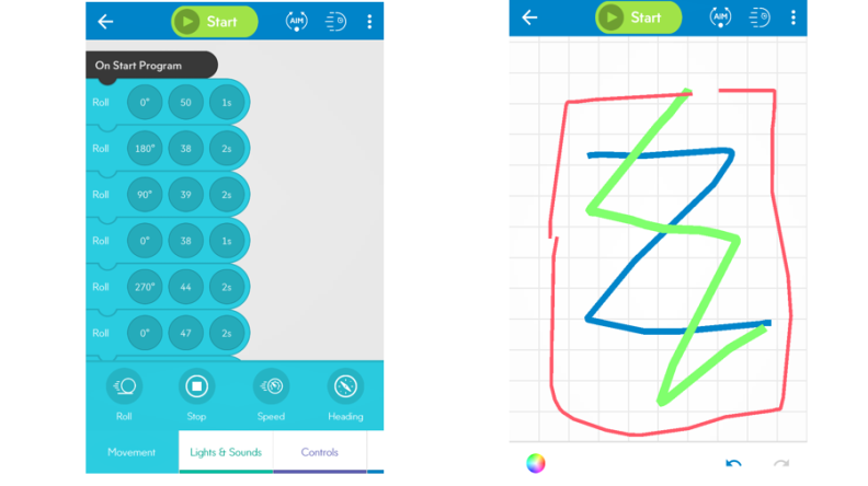 Code for SPRK+ can be written in blocks, freeform by hand, or also in Javascript (not shown).