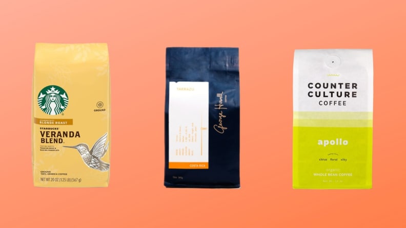Three bags of light roast coffee on top of an orange background.