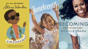 The book covers for Little People Big Dreams: Stevie Wonder, Juneteenth for Mazie, and Becoming.