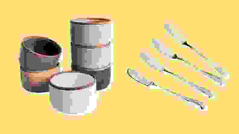 Stacked ramekins and cheese spreading knives on yellow background