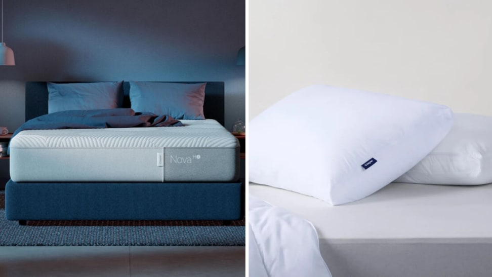 A collage of a Casper mattress and a white Casper pillow with bedding.