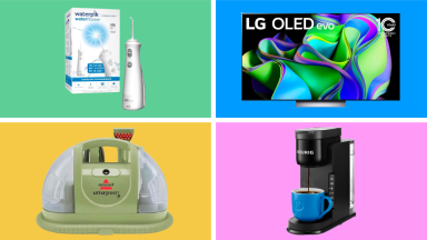 A collection of discounted items at Amazon displayed in front of colored backgrounds.