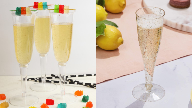 Champagne flutes filled with bubbly beverage and gummy bears.