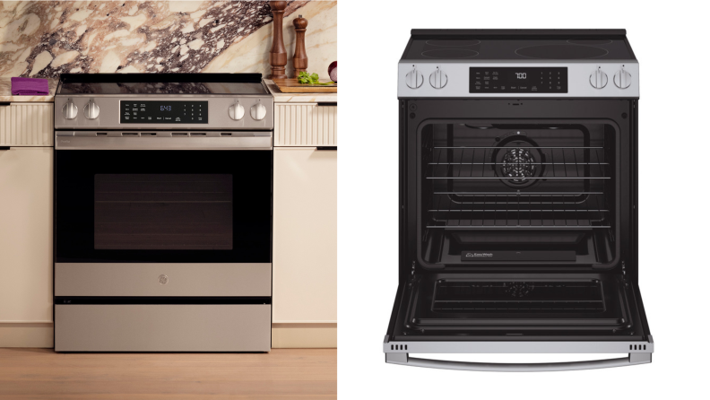 Left: GE Profile PHS700AYFS in a kitchen. Right: GE Profile PHS700AYFS open showing empty inside.