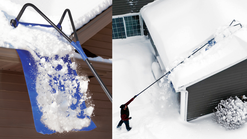 A person clears snow off a roof with a roof rake.