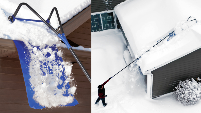 一个人用屋顶耙清除屋顶上的积雪。