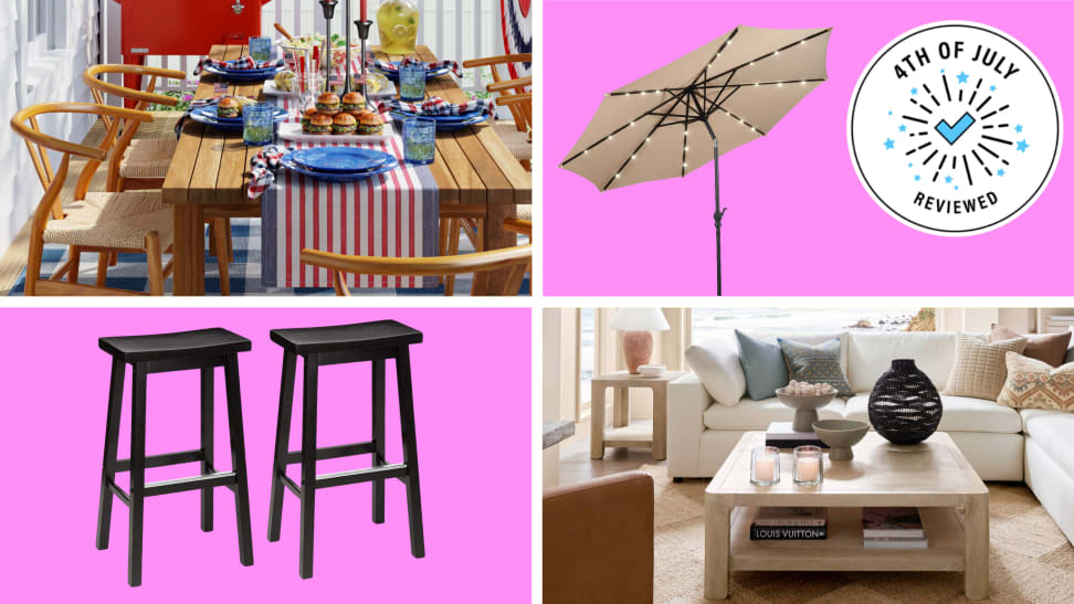 A pink collage with stools, furniture, umbrellas, and a 4th of July badge in the upper right corner.
