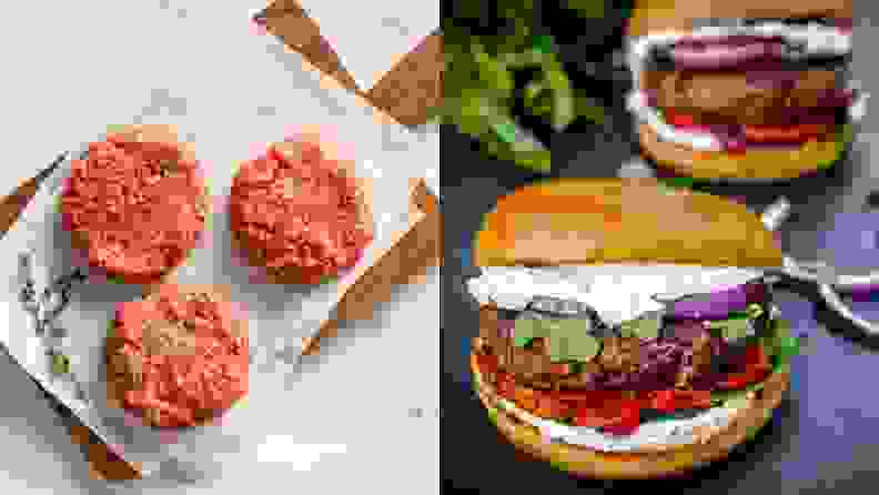 On left, three raw hamburger patties on parchment paper on top of wooden cutting board. On right, two cooked hamburgers..