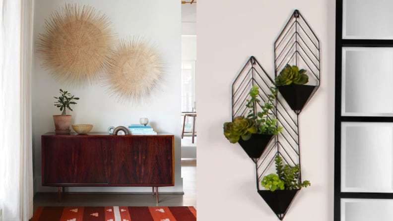 1) Two woven wall hangings above a credenza. 2) Three metal wall planters.