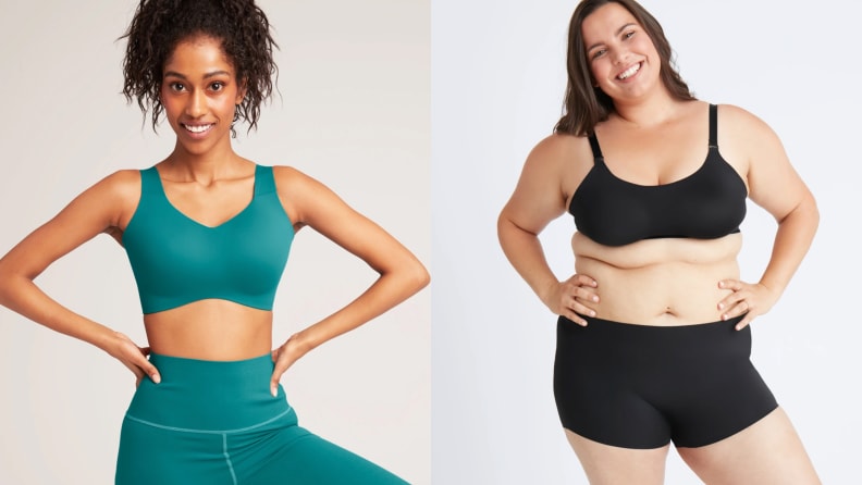 left: woman wearing knix exercise clothes right: woman wearing black knix bra and leakproof underwear