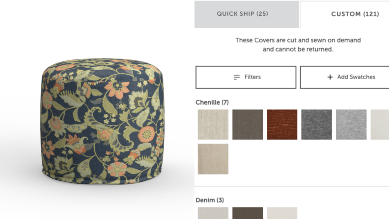A screenshot from Lovesac’s website showing the Sac covered in the Navy Nagano Velvet as well as a showing of some of the cover options.