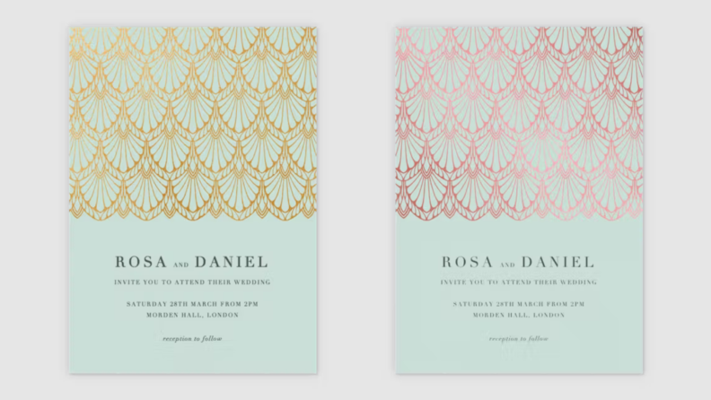 Mint green wedding invitations with gold foil accents.