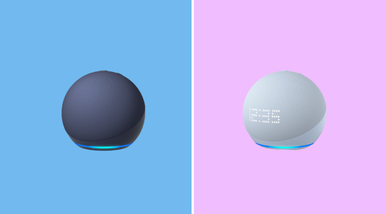The new Amazon Echo Dot (left) and Echo Dot with Clock (right). against a purple and blue background