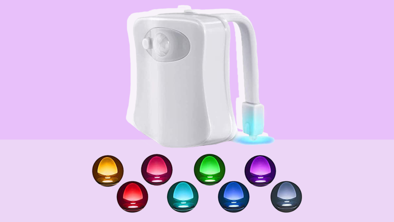 Hanging toilet bowl light with multiple color light attachments.