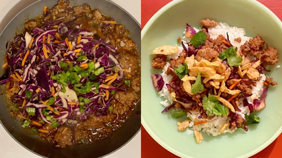 On left, pork and vegetables being sauteed in a pan. On right, a dish with rice, pork, and vegetables in a green bowl on red background.