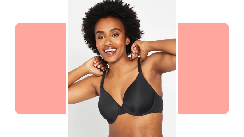 Model smiling while holding the straps on the Motherhood Maternity Full Coverage Underwire Maternity and Nursing Bra.