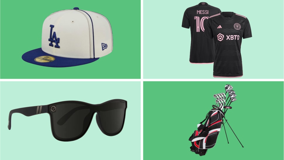 A collage of hats, jerseys, sunglasses, and golf clubs on a green background.