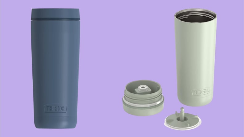 A blue travel mug and a white travel mug and lid on a purple background