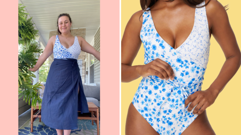 The author wears a wrap skirt cover up, on the right is an image of a model wearing the printed blue Belmar One Piece swimsuit.