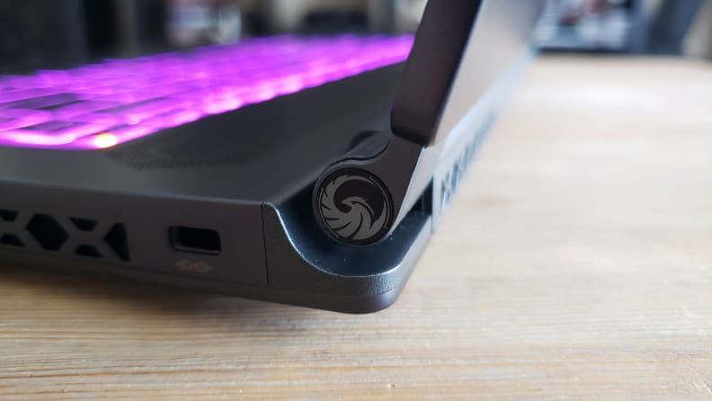A close up of a bird logo on a laptop hinge