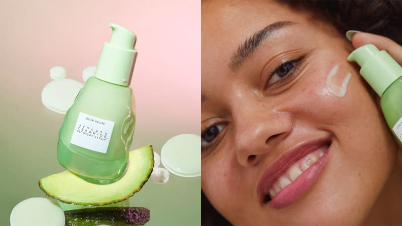 On the left: A light green glass bottle of serum, On the right: A closeup of someone's face holding a bottle of serum up to their face.