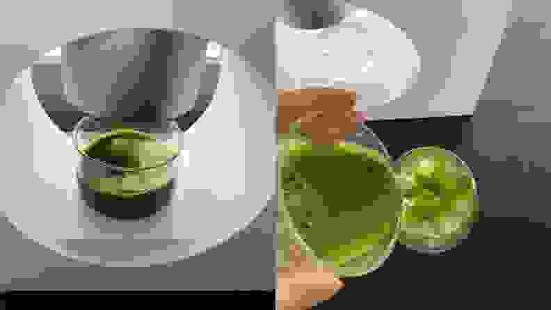 On left, tea machine dripping matcha tea into glass. On right, person holding glass of matcha tea in hand.