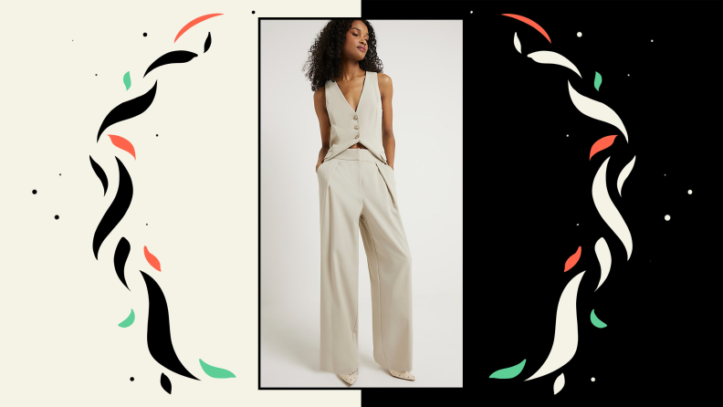 A pale green vest and coordinating wide-leg trousers.
