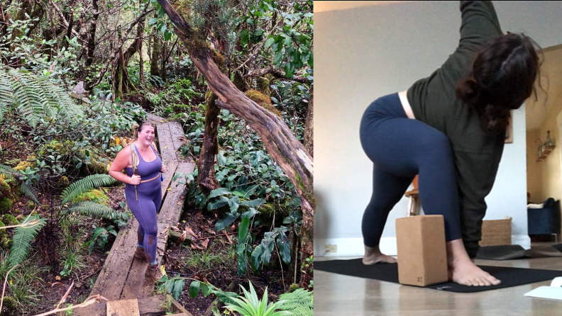 Woman in the jungle and woman doing yoga.