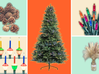 Pinecones, colorful lights, a faux Christmas tree, and pampas grass against a colorful background.